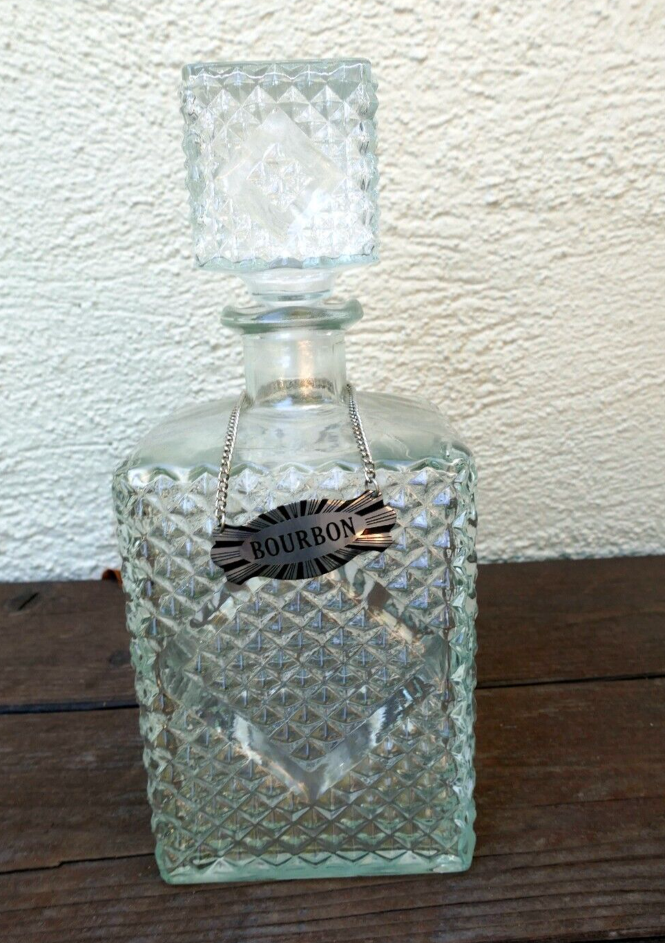 1 liter glass decanter with stopper 10" tall "bourbon" square