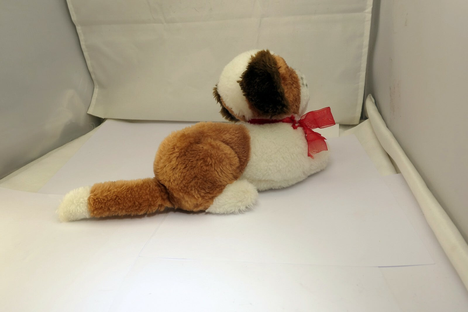 Soft Plush Stuffed Dog 9" brown white red bow vintage Christmas 11"