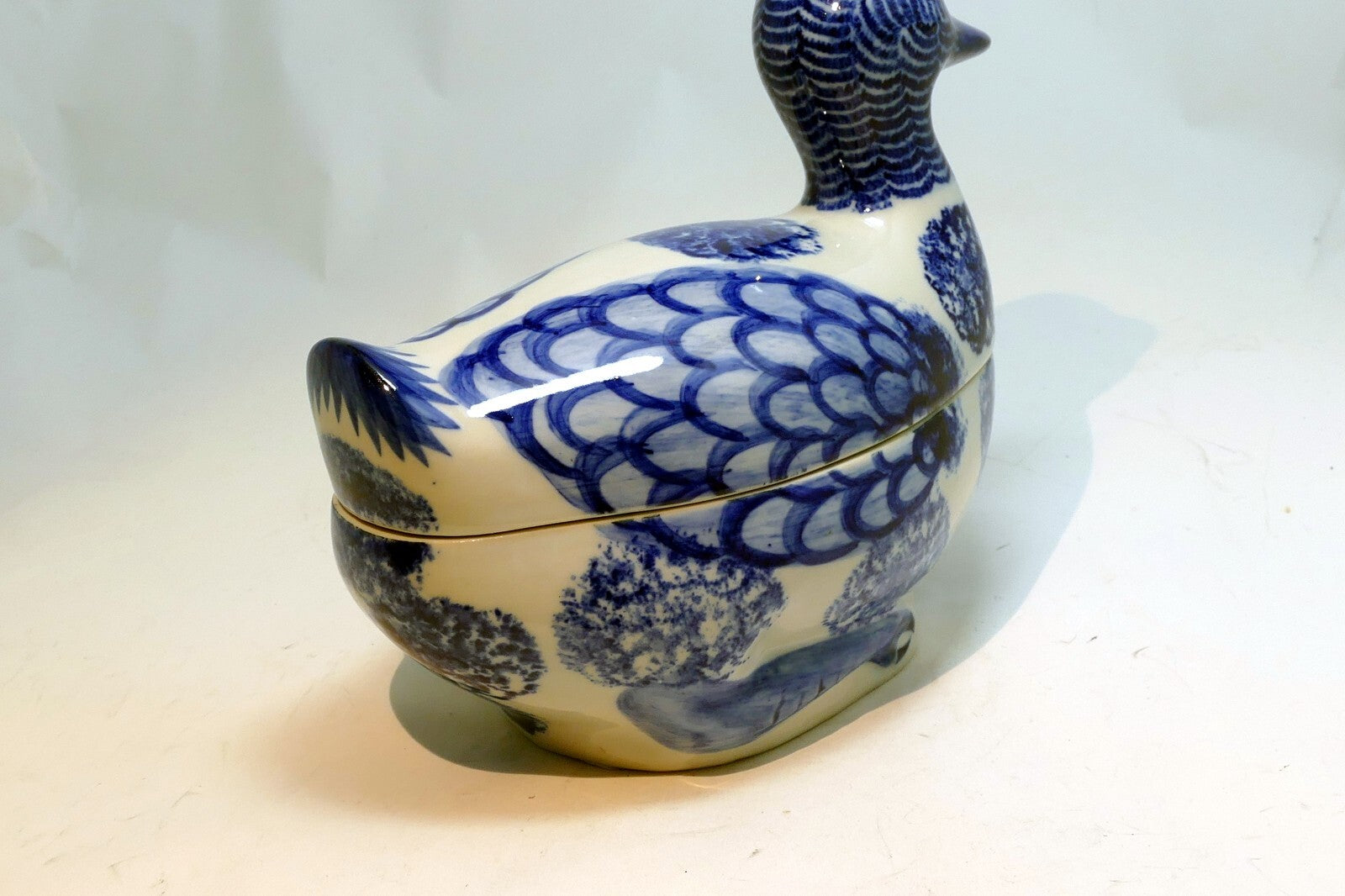 Vintage Ceramic Duck Goose Hand Painted Blue & White Trinket Box 6X4"