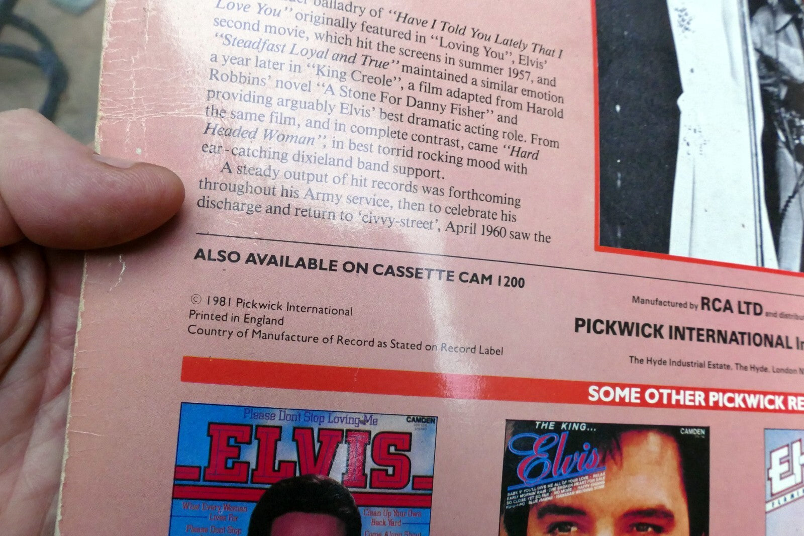 1981 Elvis Presley Return To Sender Camden CDS-1200 - ALBUM ART COVER ONLY