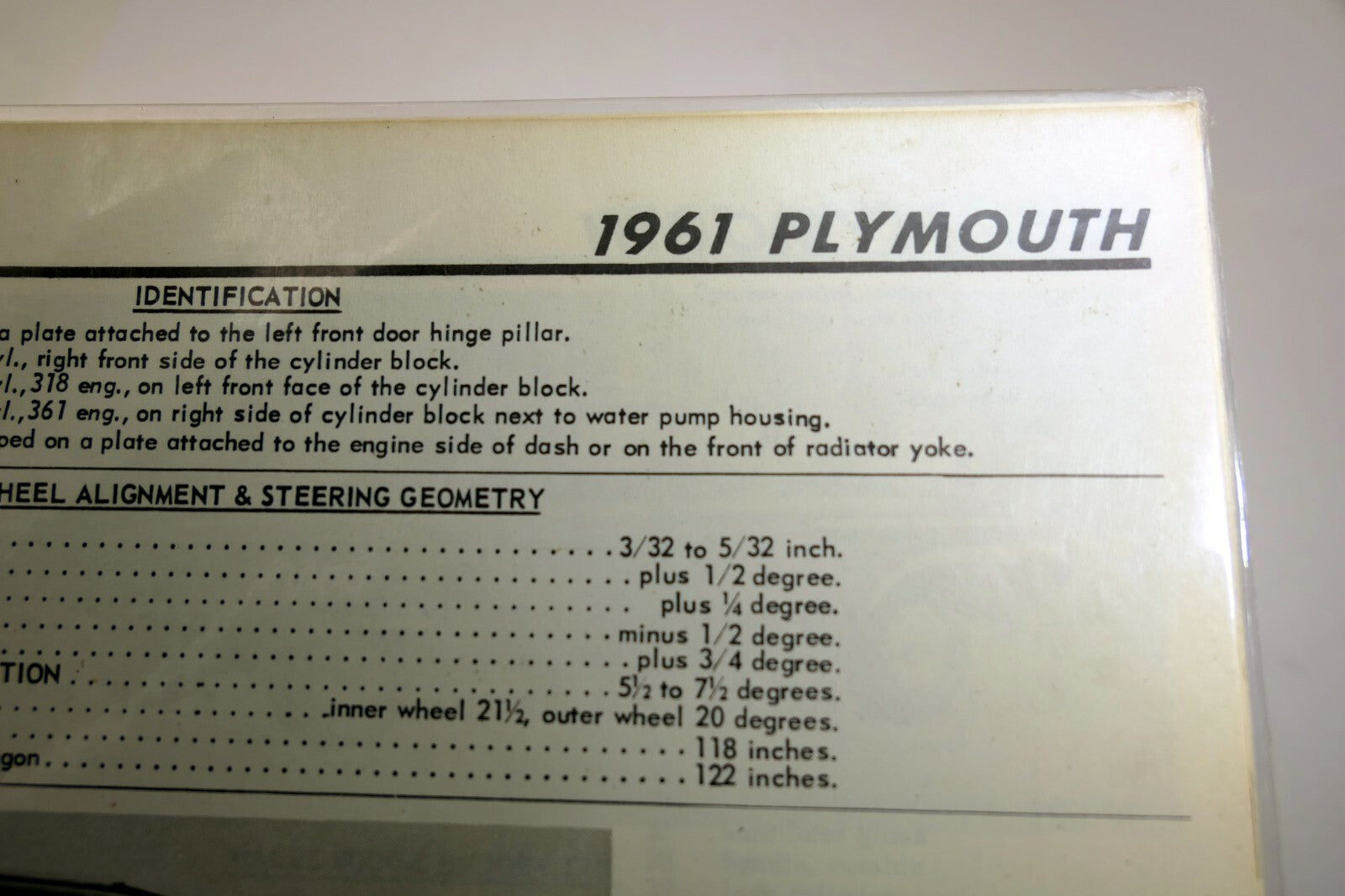 Plymouth 1961 body part motor's crash book service identification chart sheet