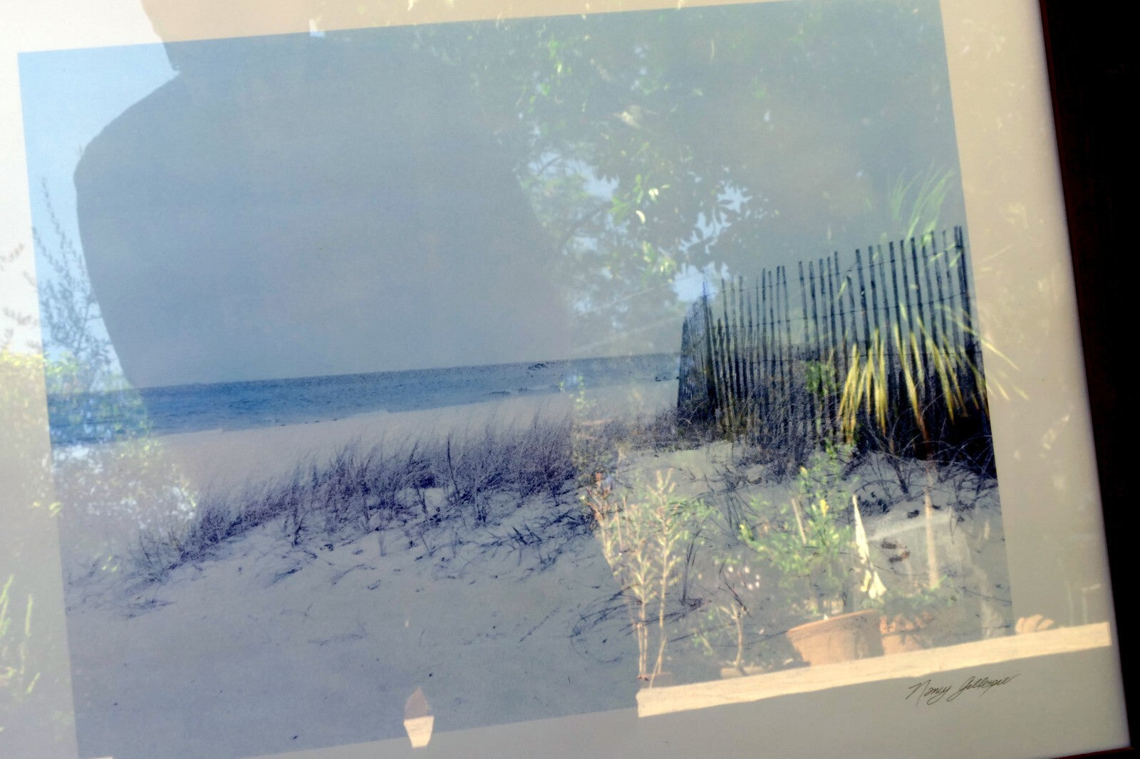 Nancy Gillespie Signed Titled Print "Beach 2" sandy dunes Wood Frame