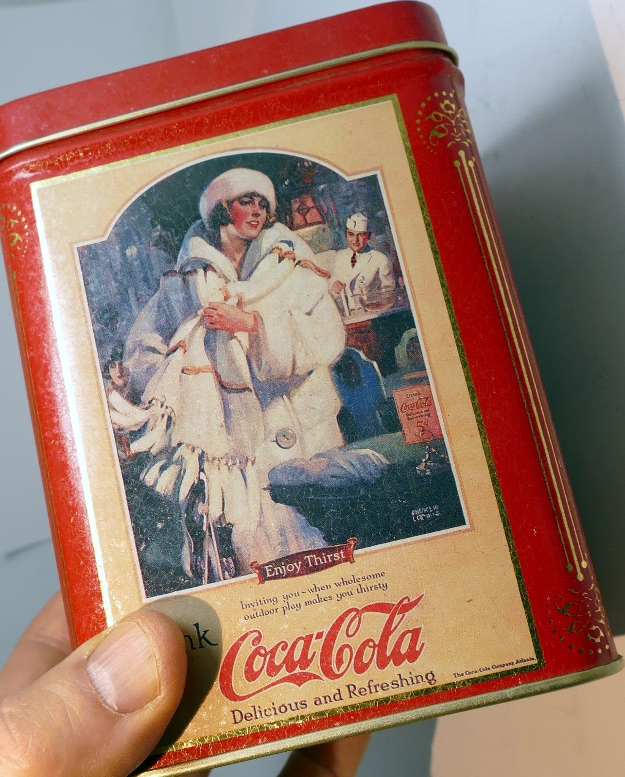 Vintage coca cola tin can 1994 red & gold "enjoy thirst" drink rectangle 5.5"