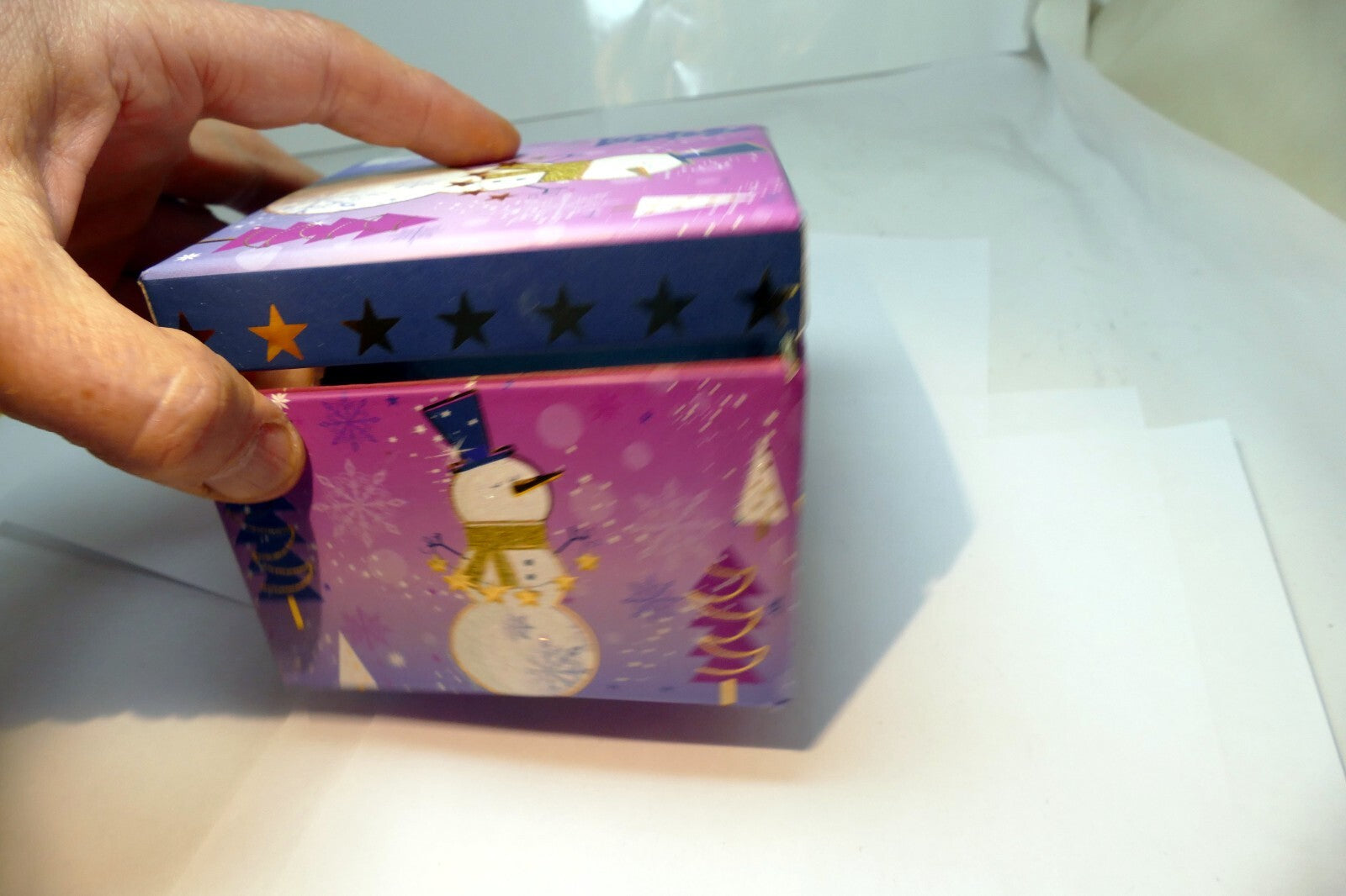 Empty Merry Christmas Snowman w/ Stars Cardboard Box Snow Forest purple gifts