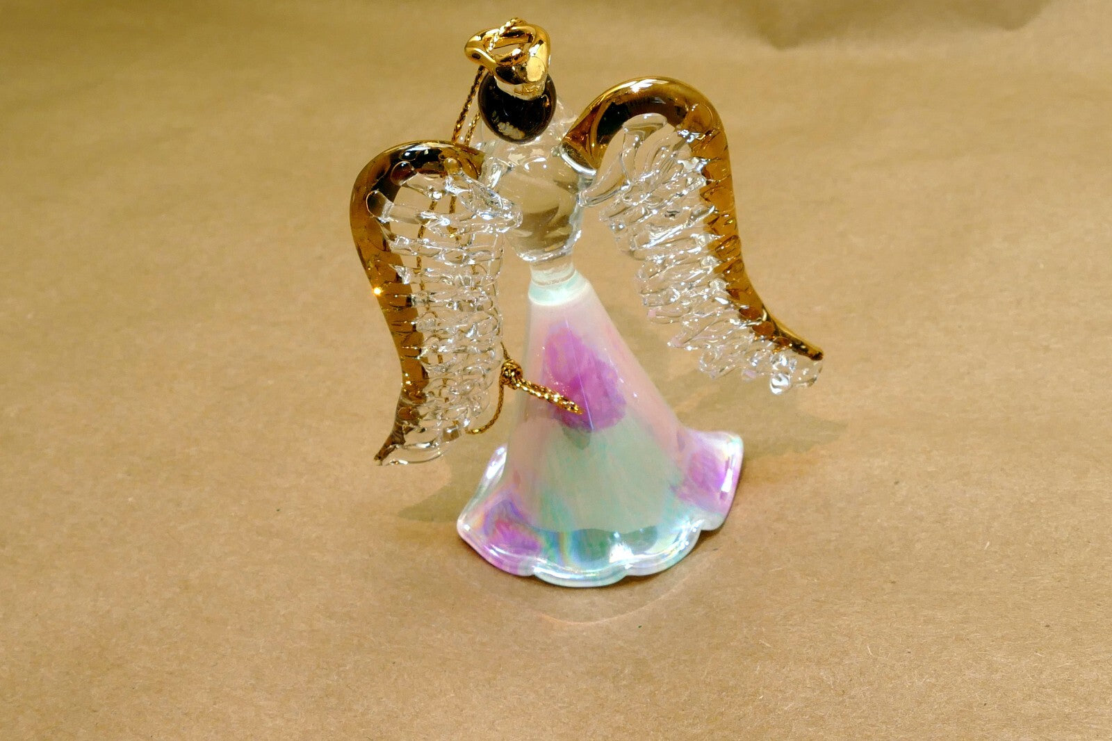 Spun Glass Crystal Christmas Ornament  Angel Gold with trumpet