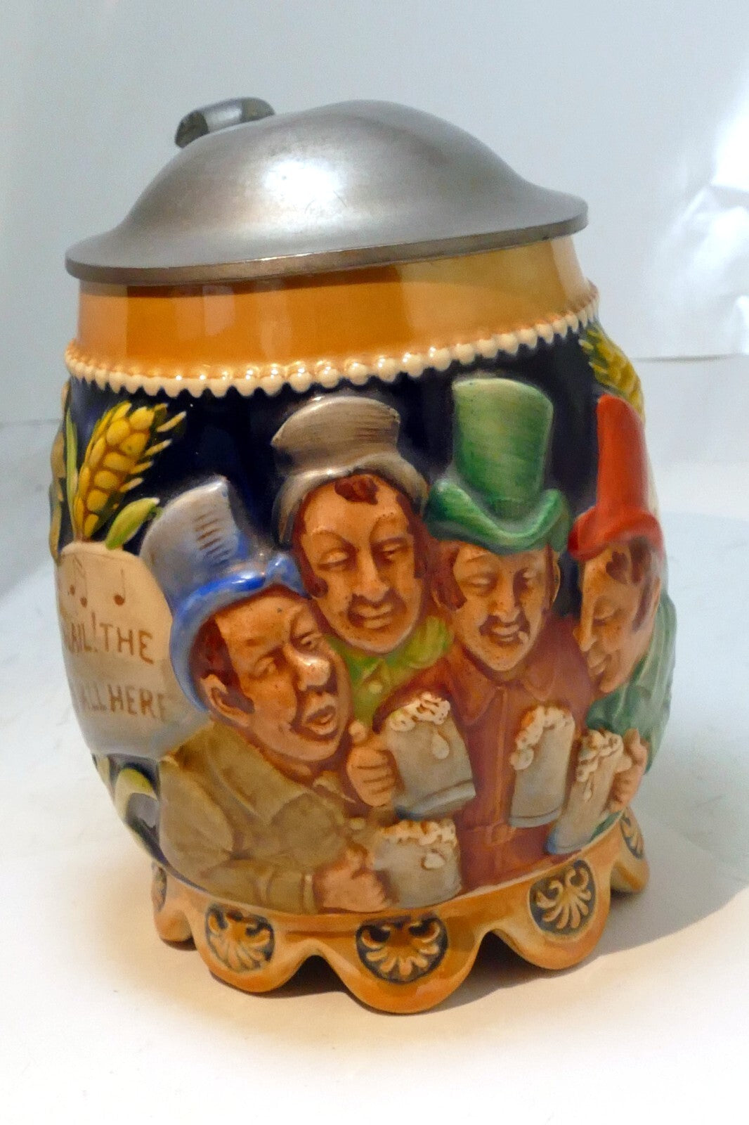 Gerz german musical beer stein mug w/ music box 4x6" "the gang's all here"
