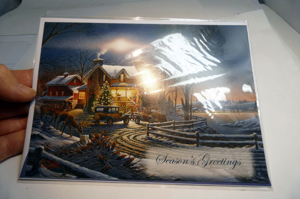 Christmas Card Season's Greeting vintage car home dear snow winter lake