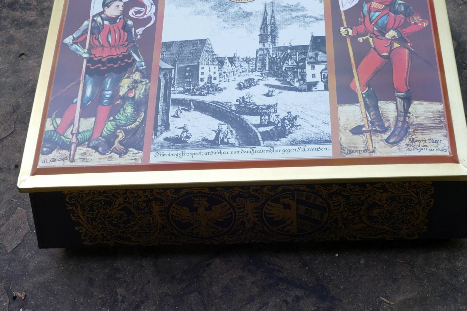 German Tin Box Schumann Nürnberger Burg Lebkuchen 12X15X5" large knight metal