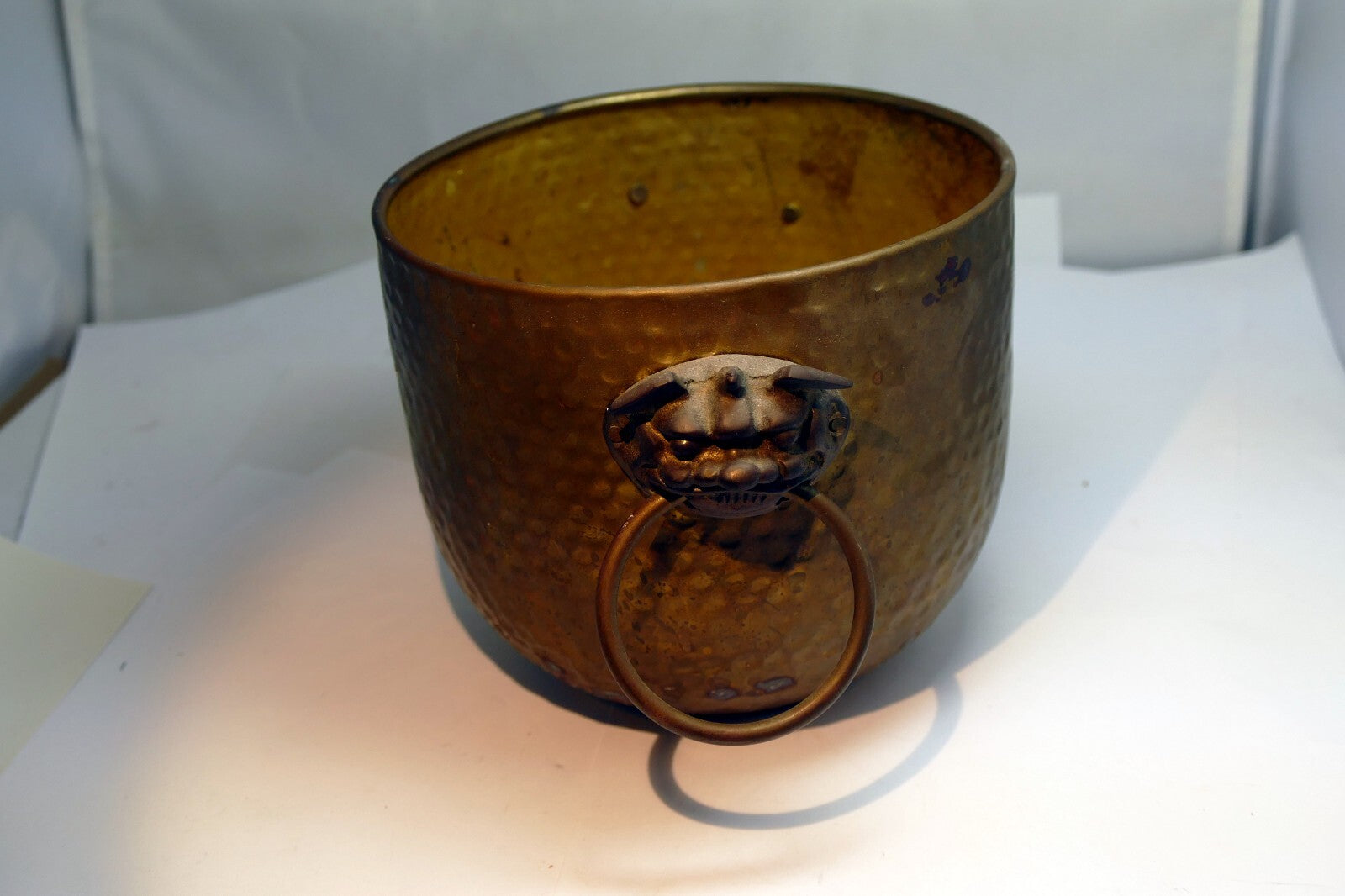 Brass Gold Colored Spittoon Hong Kong Lion 5.5" Hand Hammered Fu Dogs Head