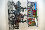 KNIGHT Flag Bearer HAND COLORED ENGRAVING large 21X24"