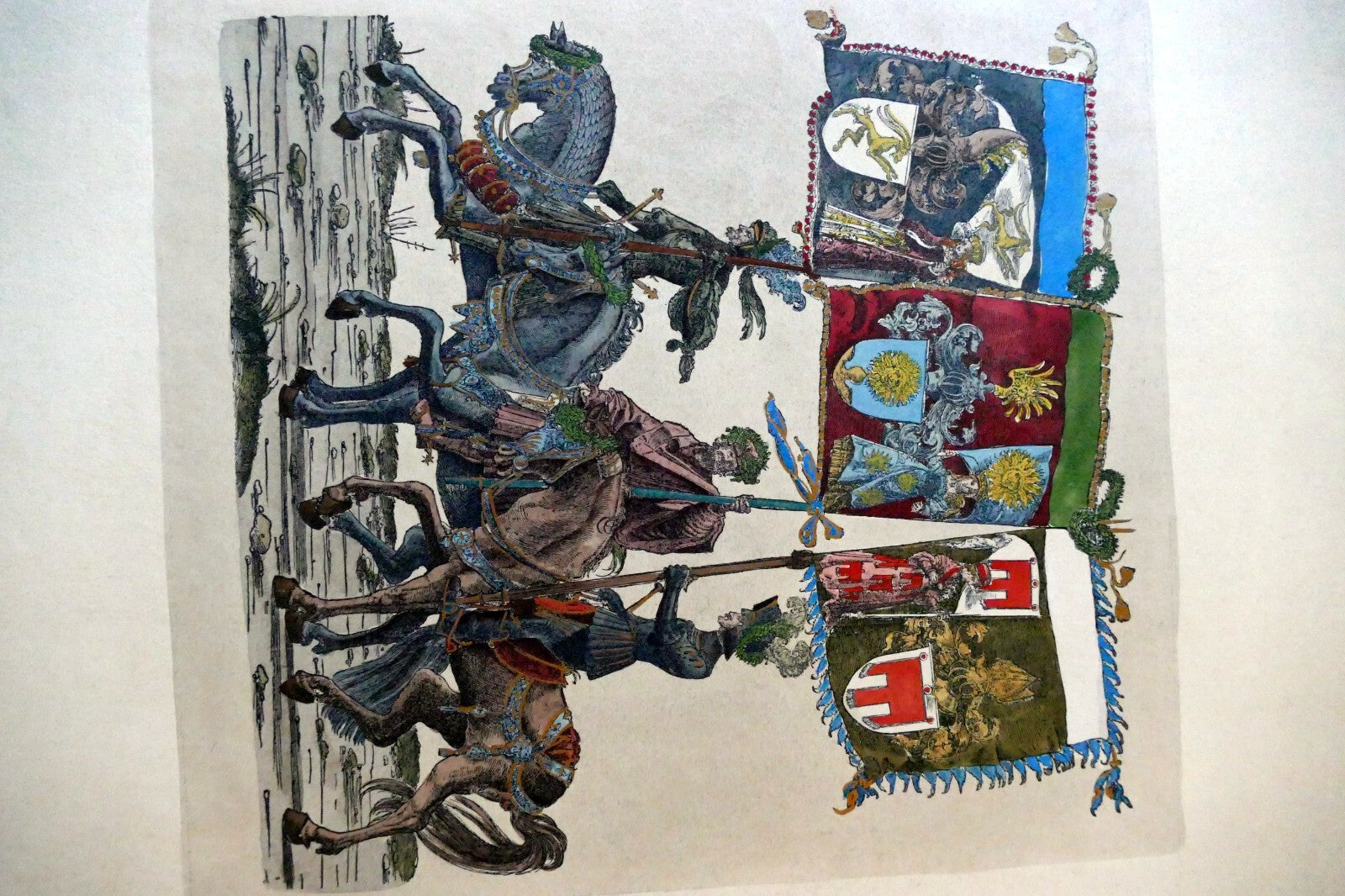 KNIGHT Flag Bearer HAND COLORED ENGRAVING large 21X24"