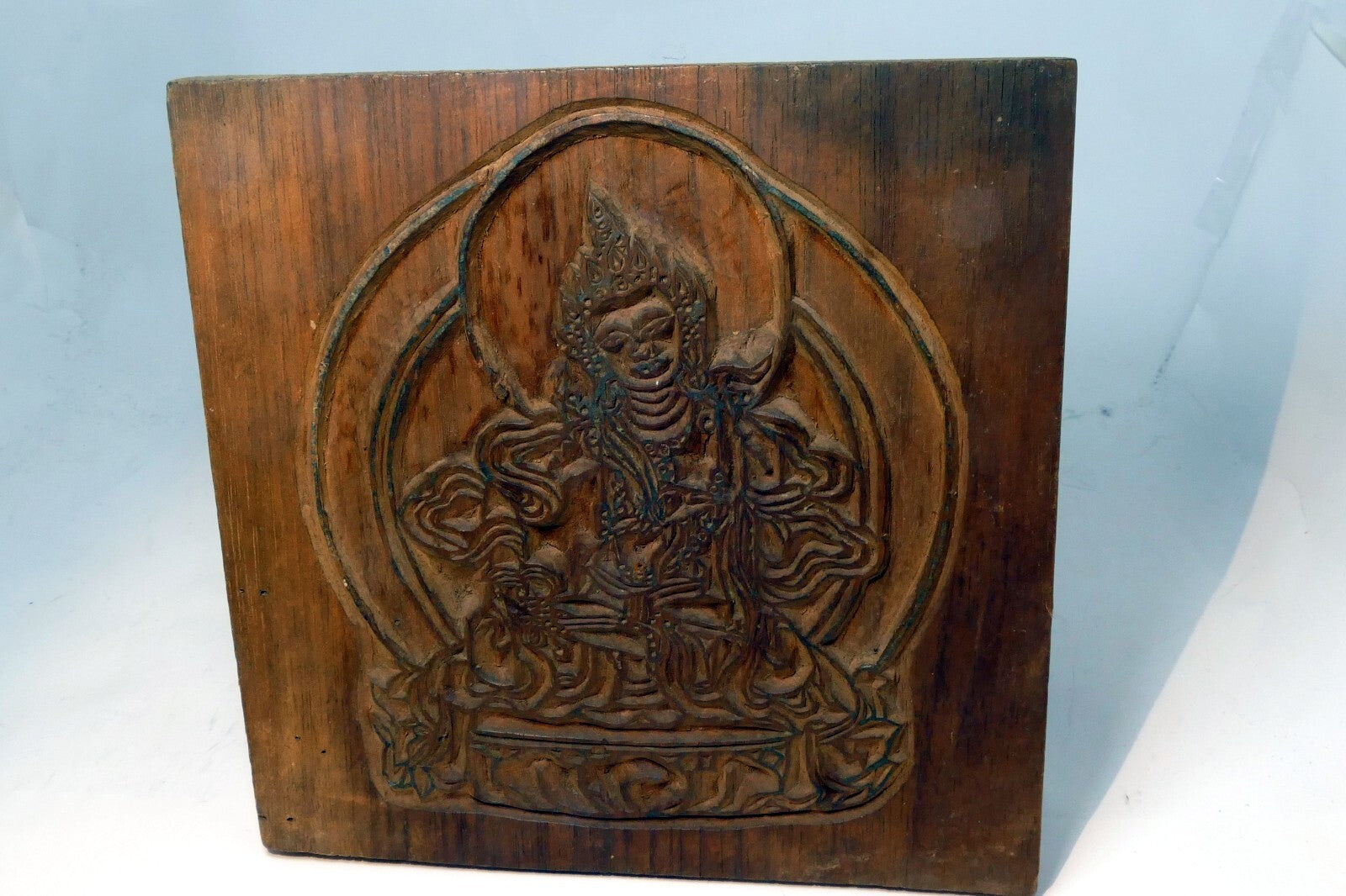 Hand Carved Tibetan Buddhist Wood Block Stamp Nepal Vintage 7X7"