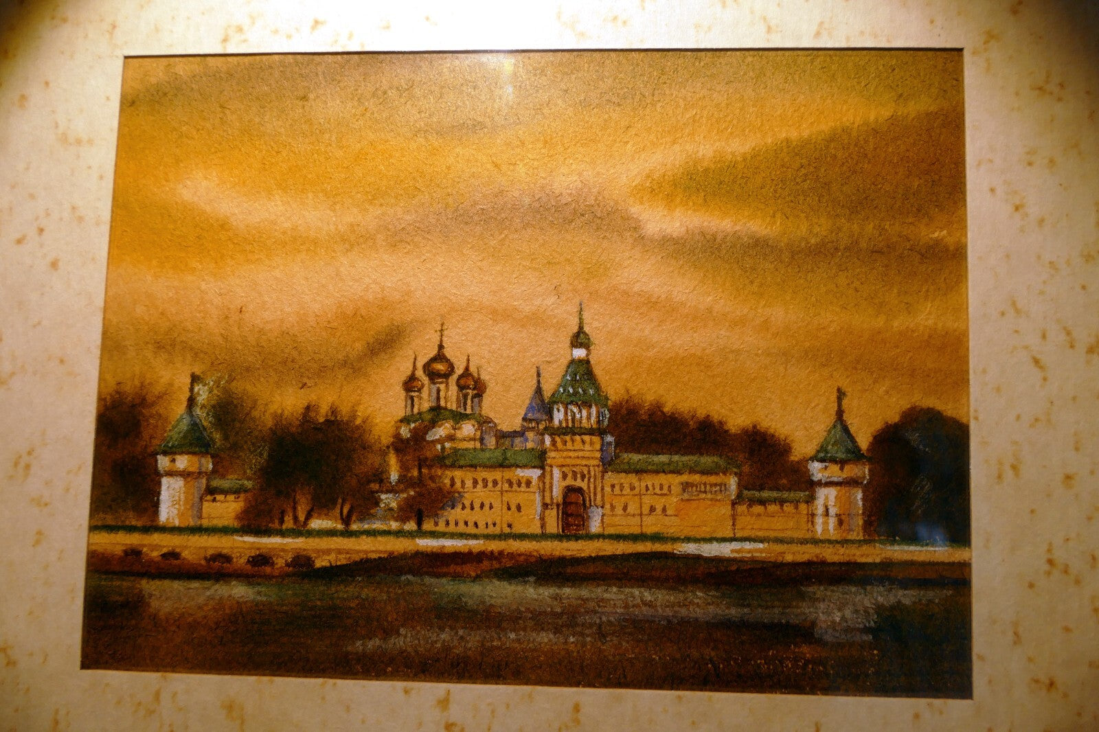 Watercolor Russia village byzantine church Art framed Russia 1990's