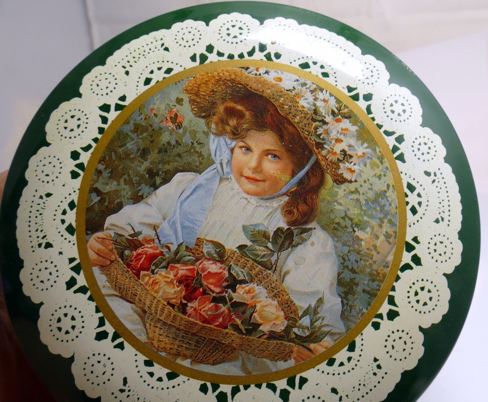Metal tin/container cookie/biscuit girl roses walking 5x5" square victorian decor