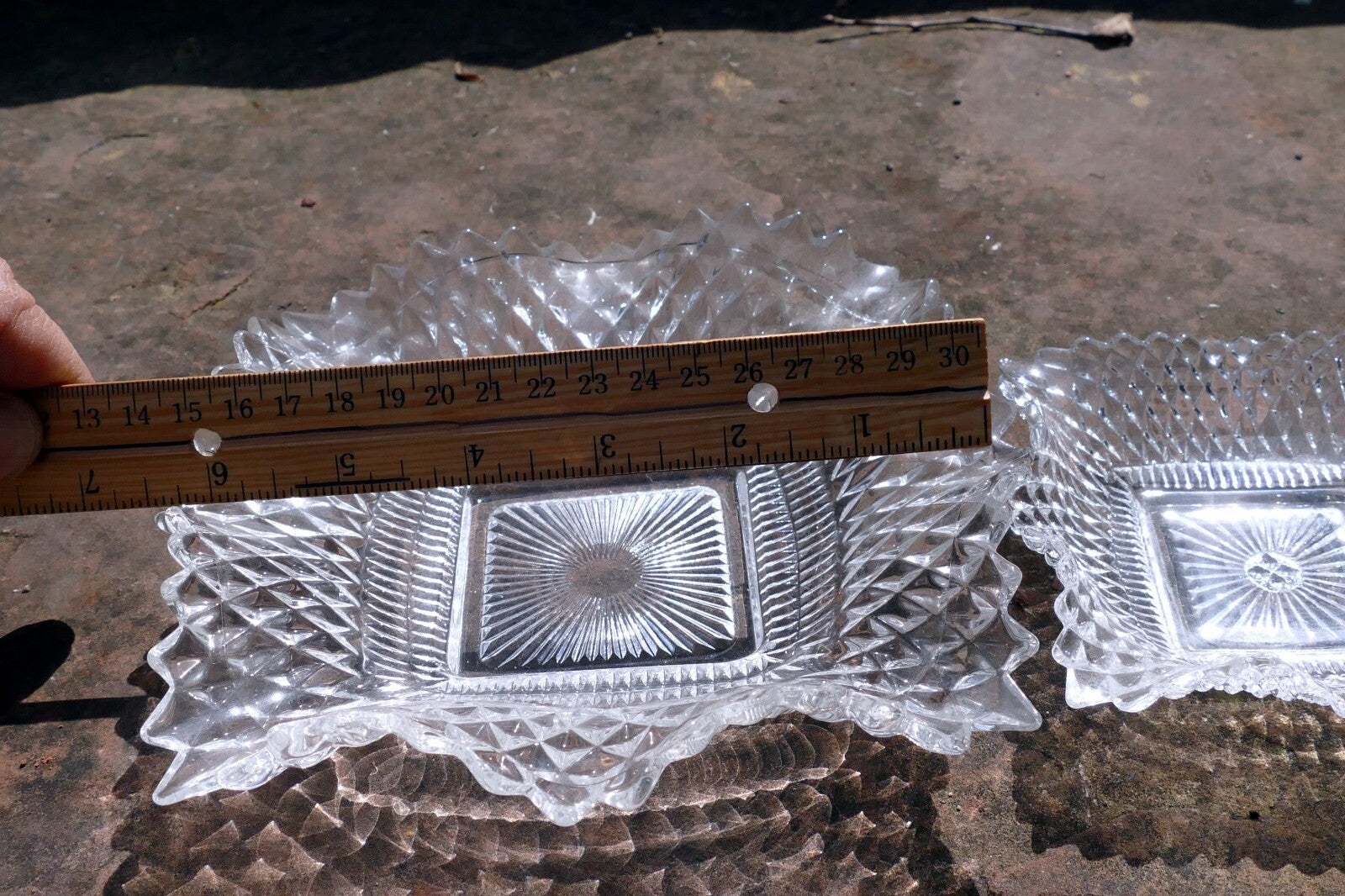Set of 2 Clear Depression Glass Diamond Point Ruffle Edge Candy/Nut Dish