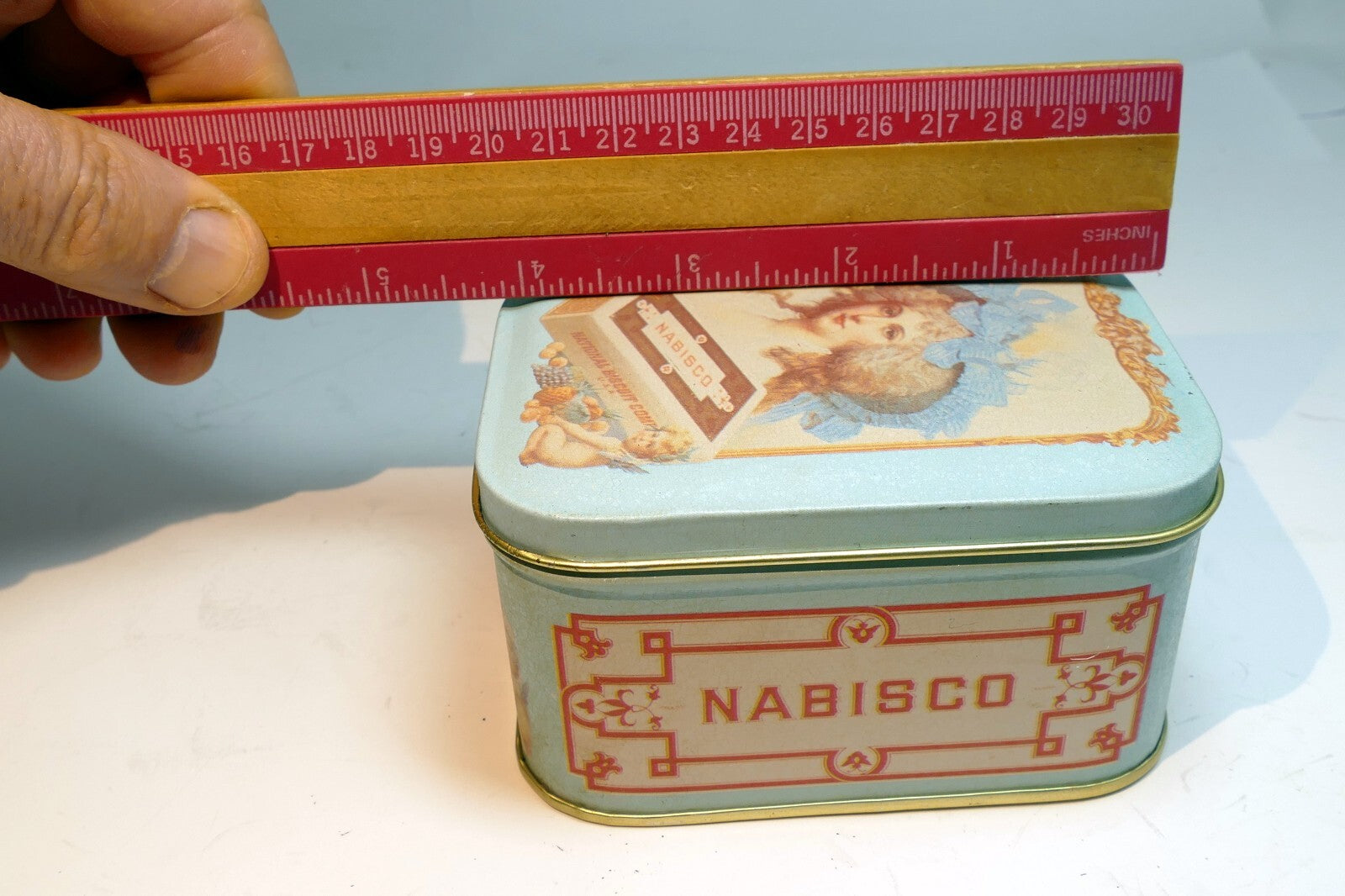 Tin Box Company Bristol Retro Blue Lady Victorian Nabisco Biscuit 4"