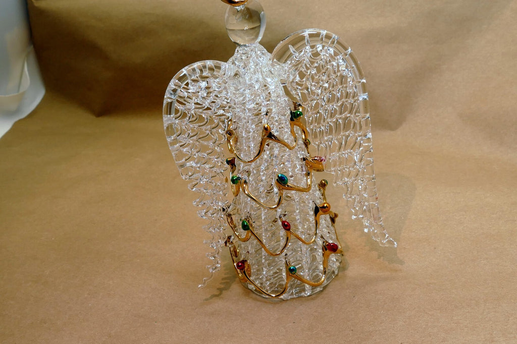 Spun Glass Crystal Christmas Ornament  gold green red hanging 6" tall Angel