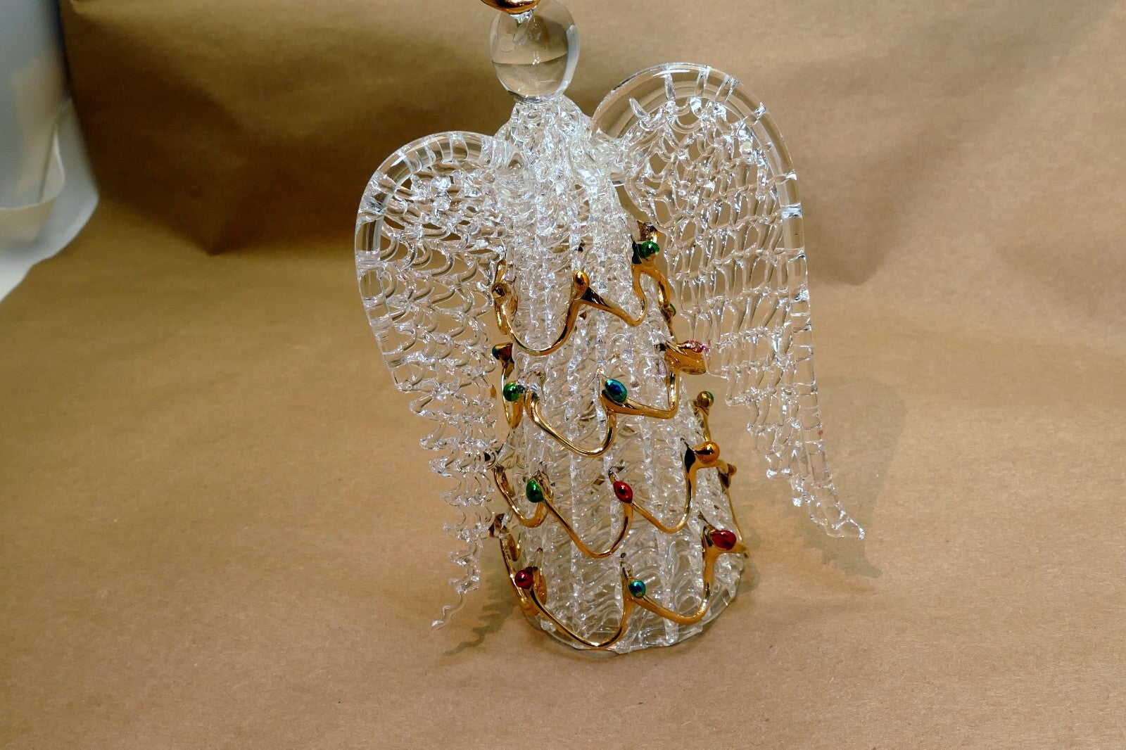 Spun Glass Crystal Christmas Ornament  gold green red hanging 6" tall Angel