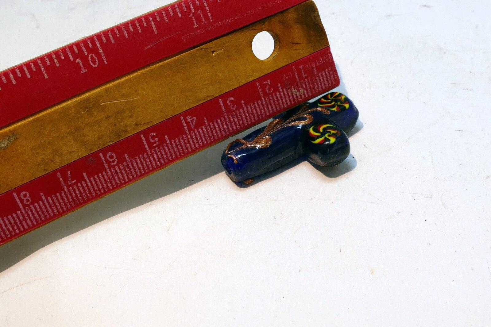 BLUE VENETIAN GLASS Dark Blue with Yellow floral design vintage 3.5cm