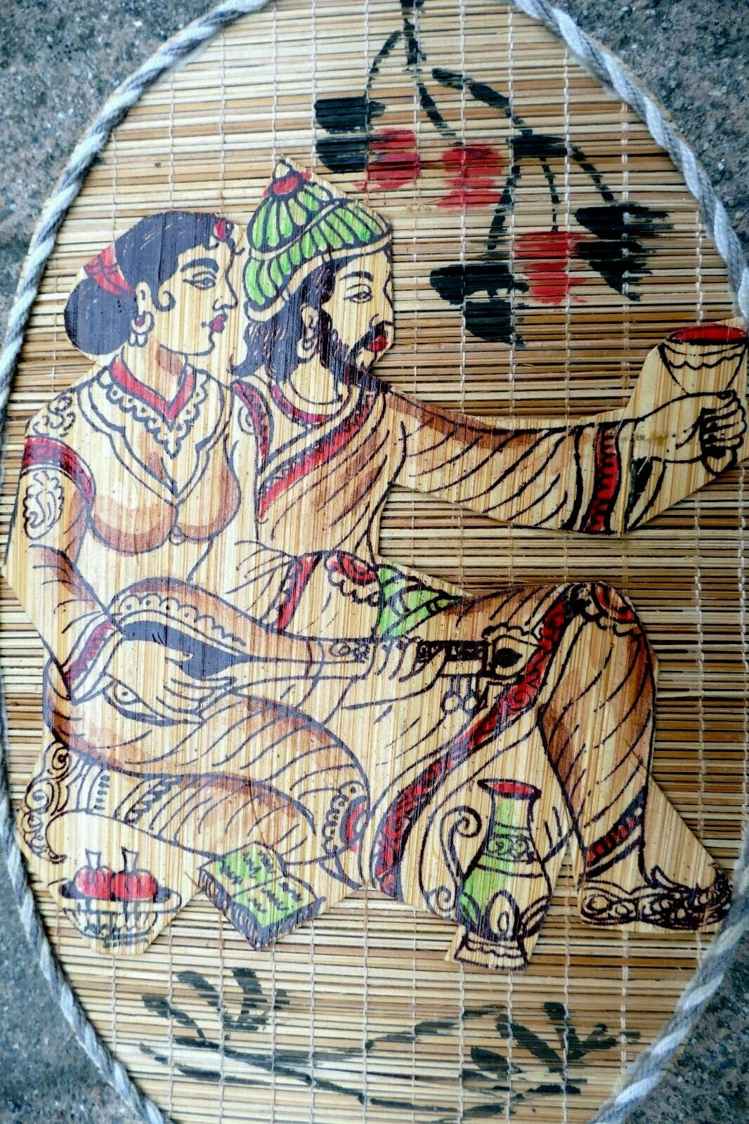 Indian miniature painting couple drinking wine 5x8" handmade ethnic folk s. asia