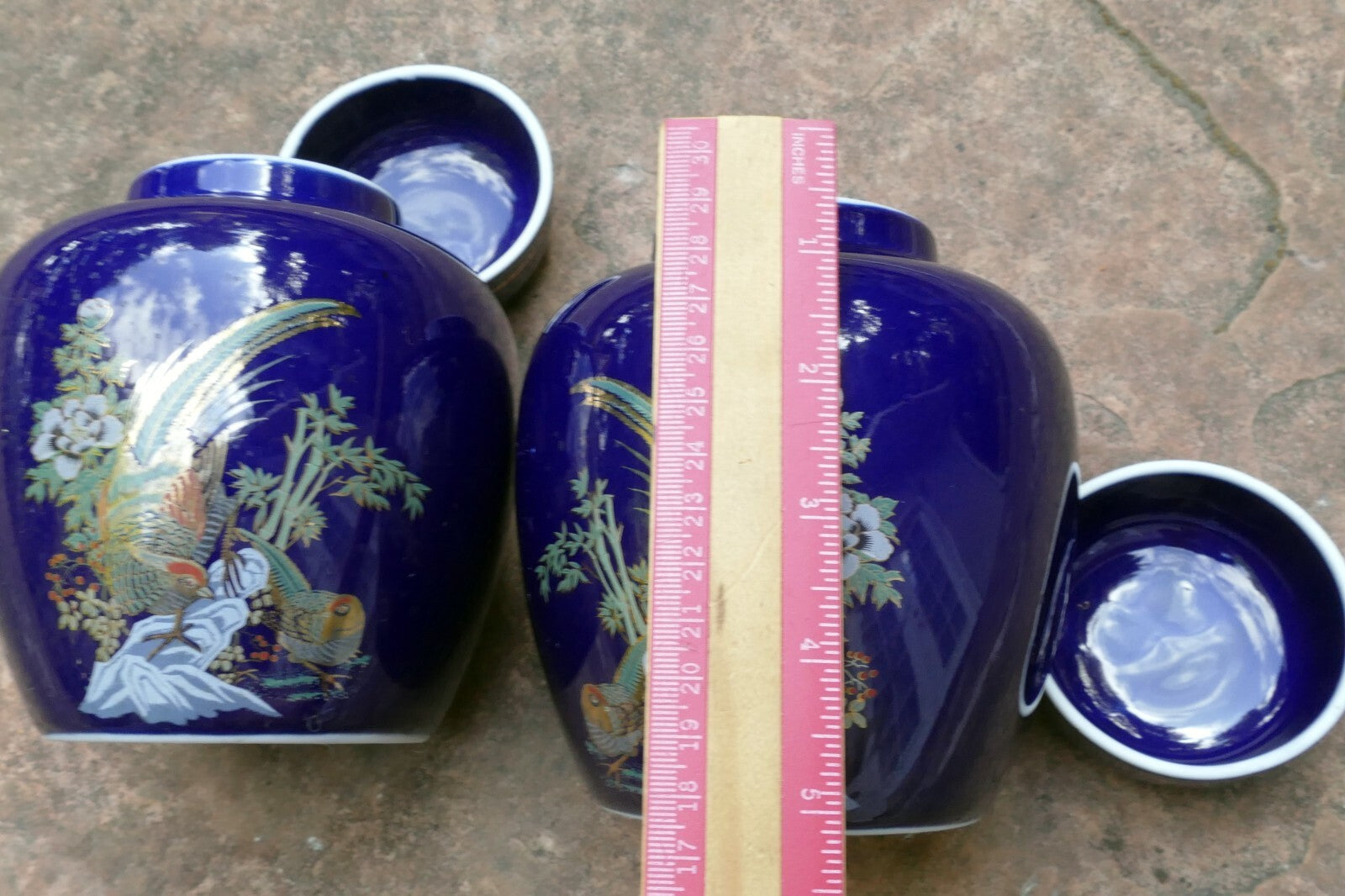 Kutani Ware Cobalt Blue Peacock/Floral Hand Painted Ginger Jar 5.5" tall 2 pack