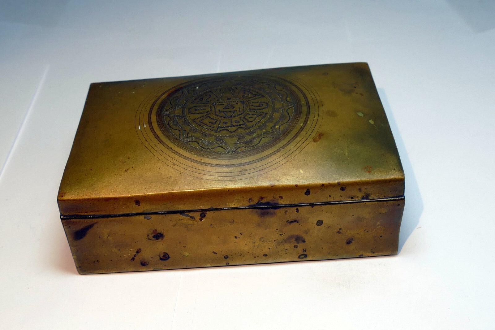 BRONZE AND WOOD TRINKET BOX INDIAN Native Inuit Sun god antique vintage