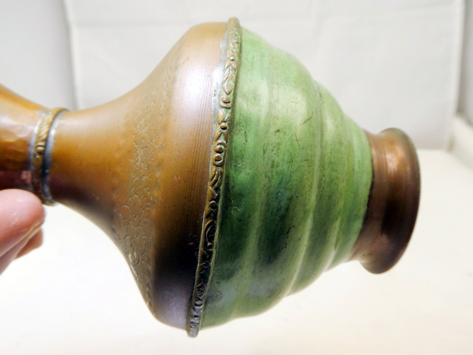 Solid Brass Vase engraved Green Floral design 6" tall east Asian handmade