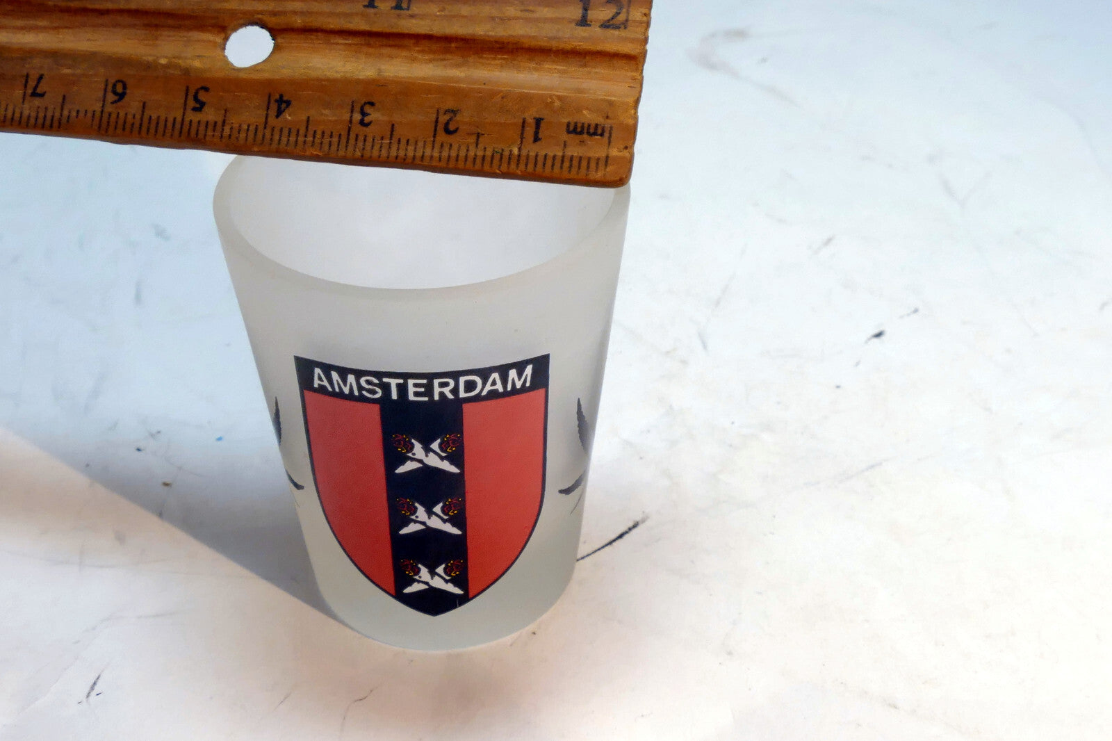 Vintage Amsterdam Shot Frosted Glass 1.5 oz with marihuana leath