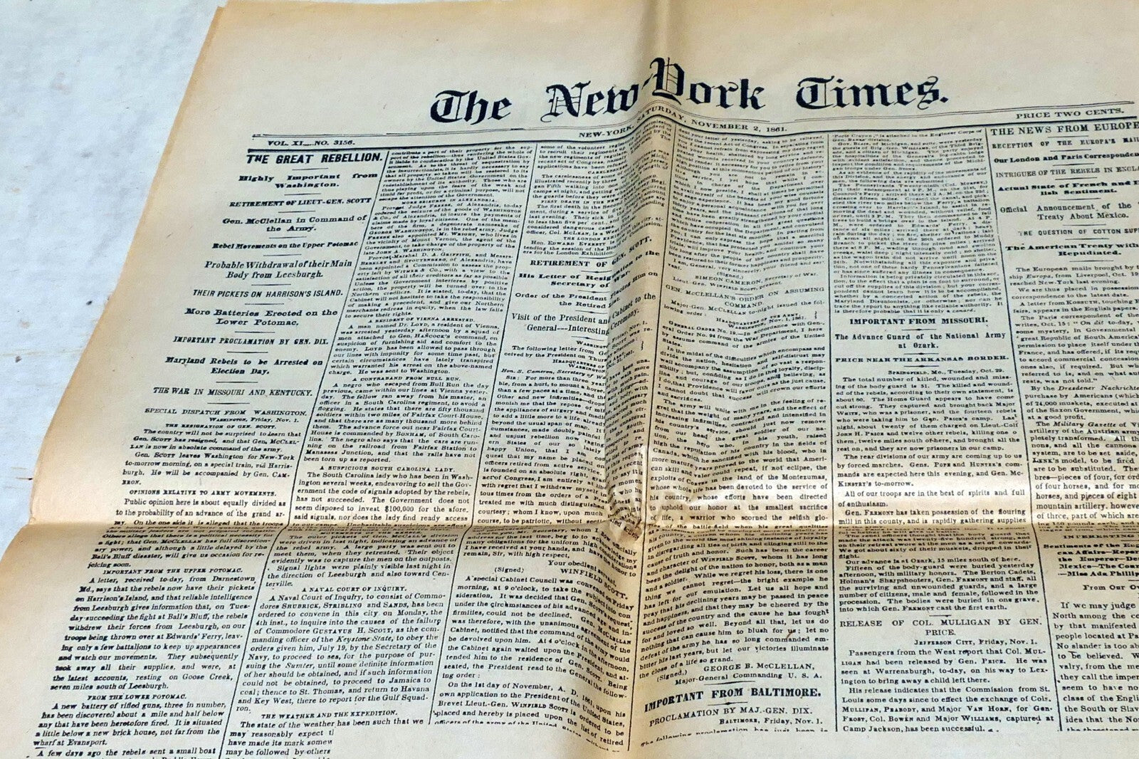 New York Times November 2,  1861 - Reprint - Civil War Reconstruction