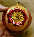 Blown Glass Gold-Red triple indent Christmas Ornament 4" Ball Mica Venice
