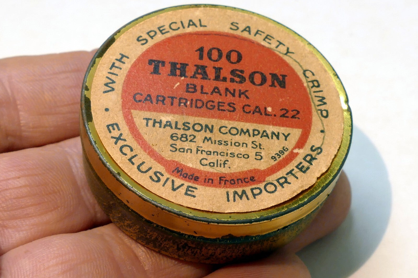 100 Thalson Blank Cartridges cal .22 0.22 mm antique empty tin San francisco CA