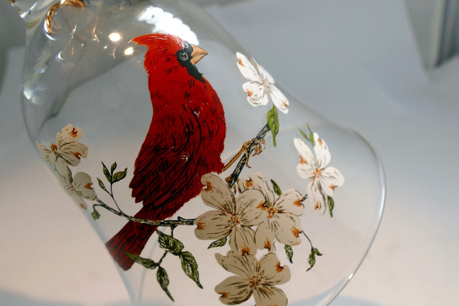 Art glass bell glass northern cardinal &white blossoms 6" hand painted decor