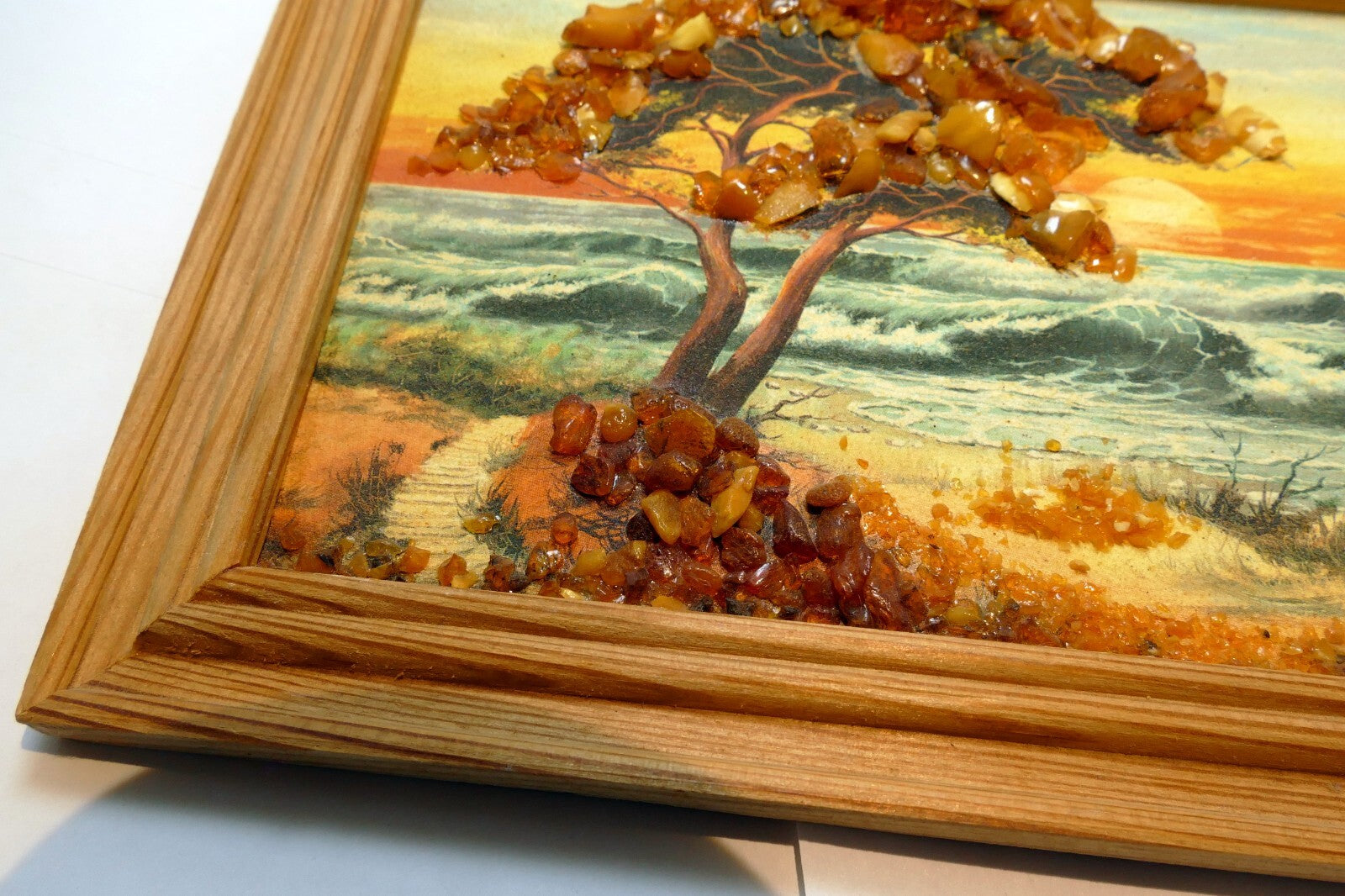 AMBER PAINTING BALTIC Sea Seascape Landscape Tree Waves Sky Sunset gull birds
