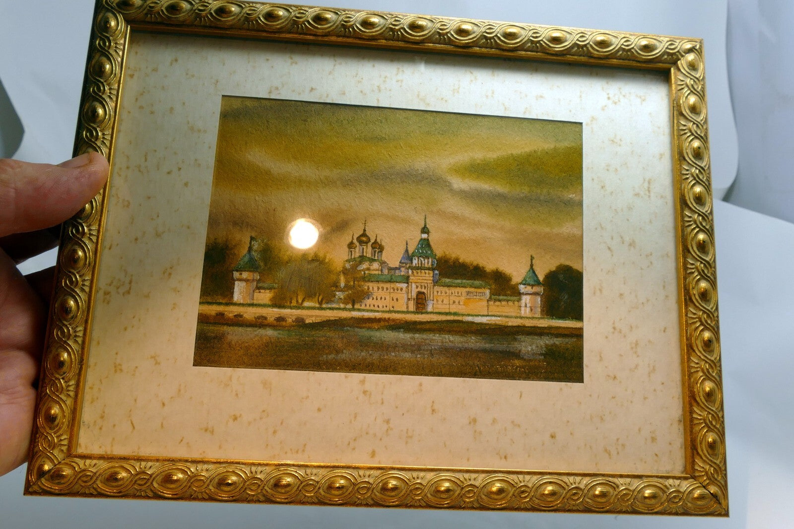 Watercolor Russia village byzantine church Art framed Russia 1990's