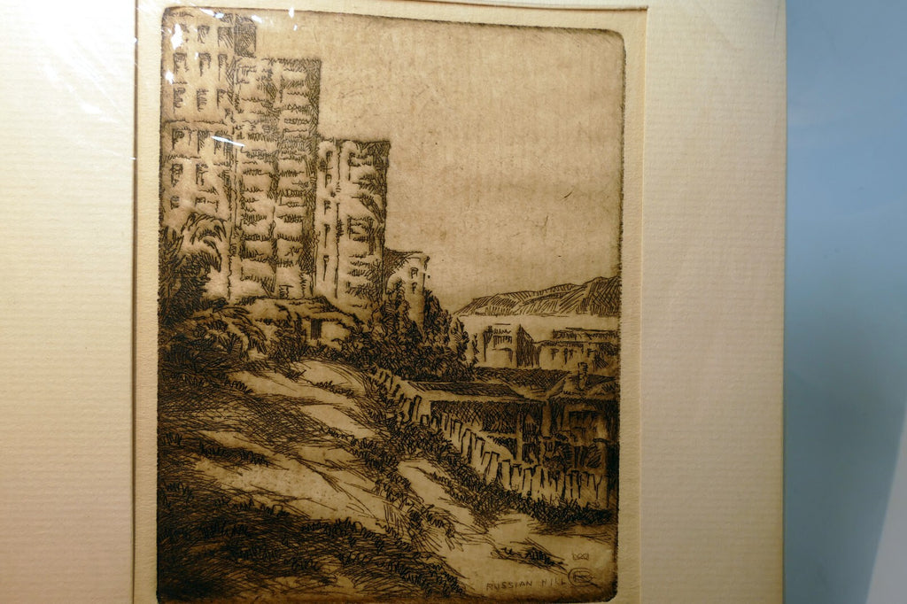 Russian Hill San Francisco  Signed Etching 1900's  Stefan Bunyitay