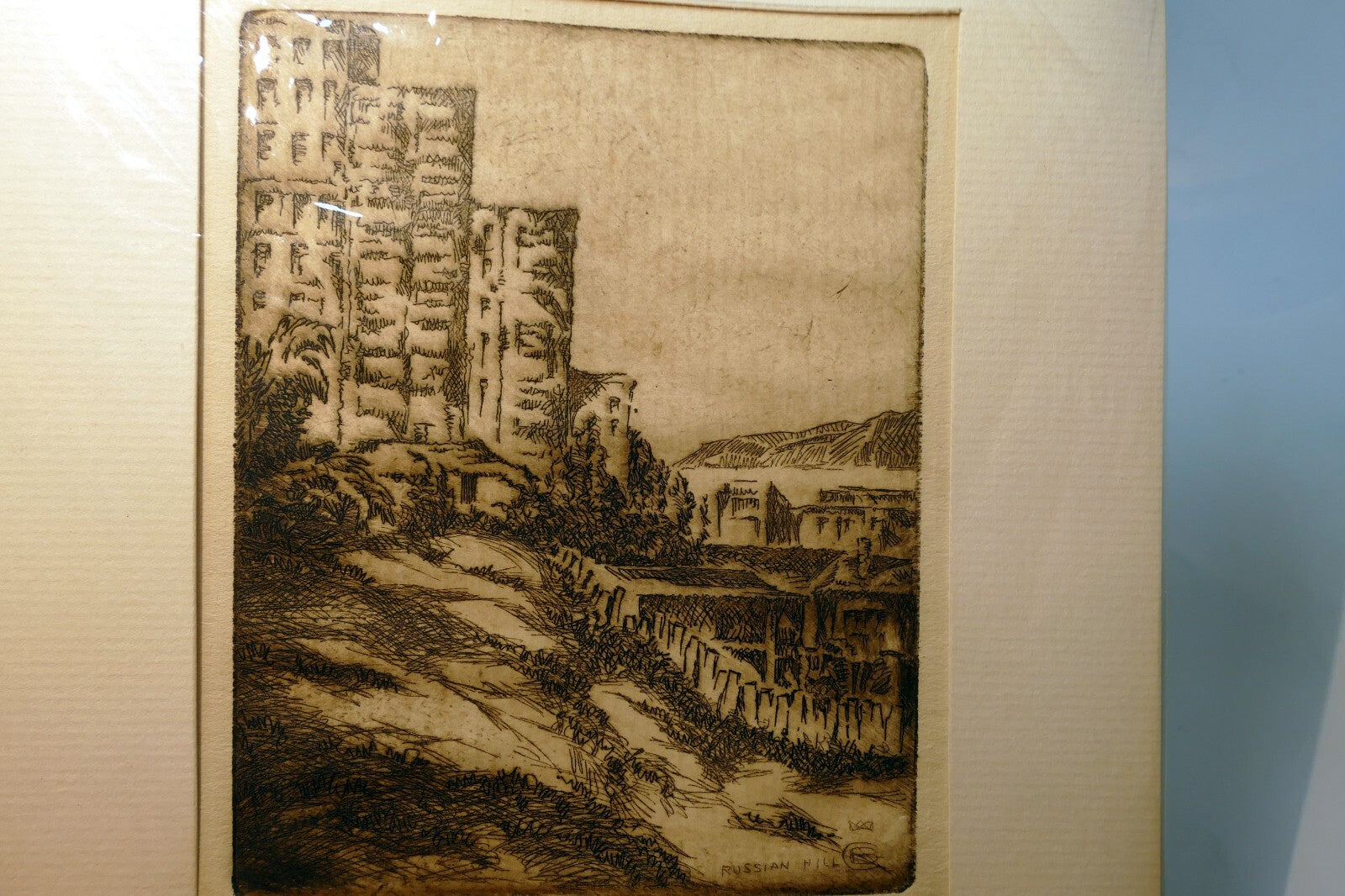 Russian Hill San Francisco  Signed Etching 1900's  Stefan Bunyitay