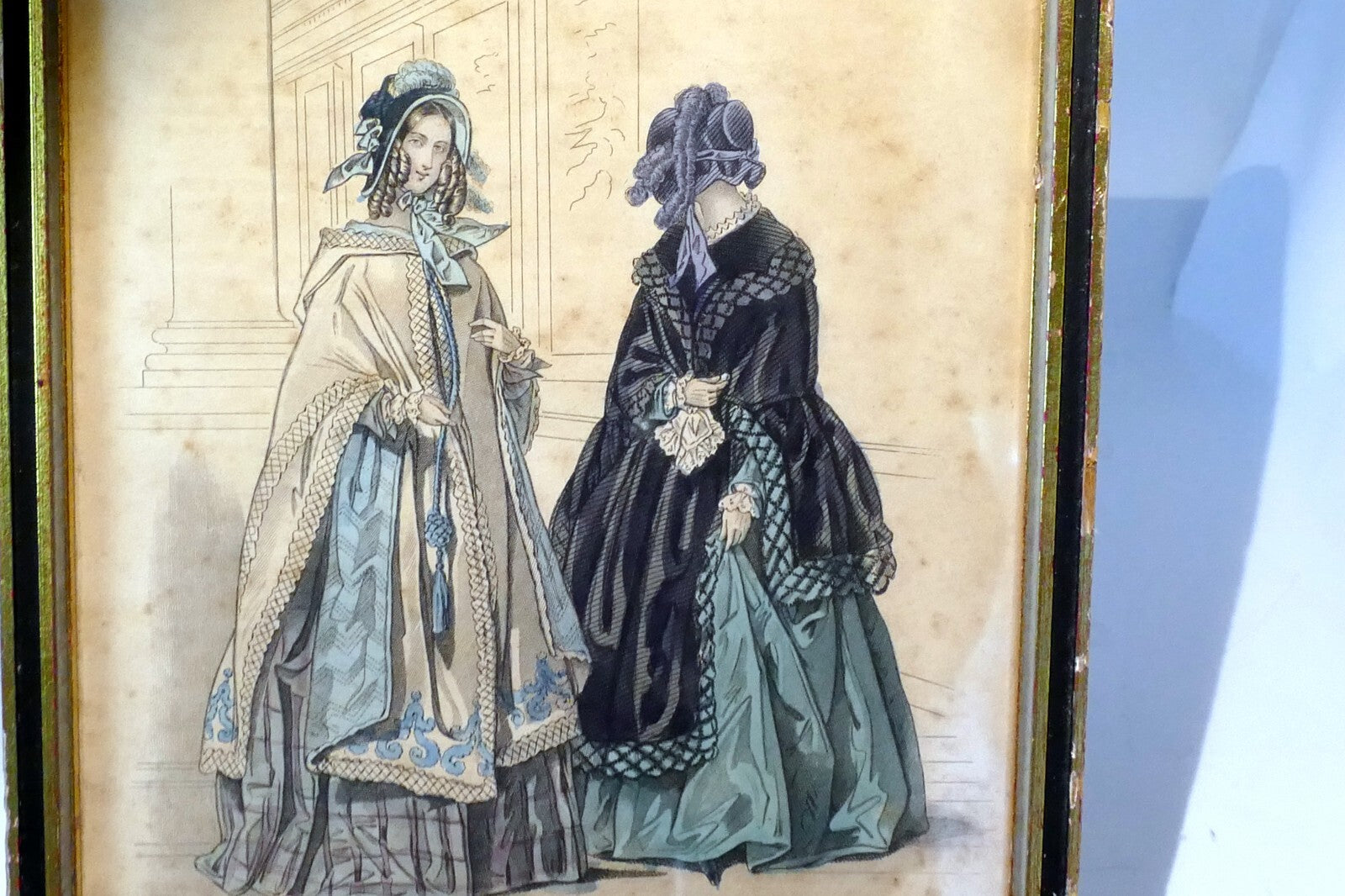 French Antique 1843 Hand coloured engraving Petit Courier des Dames Modes Paris