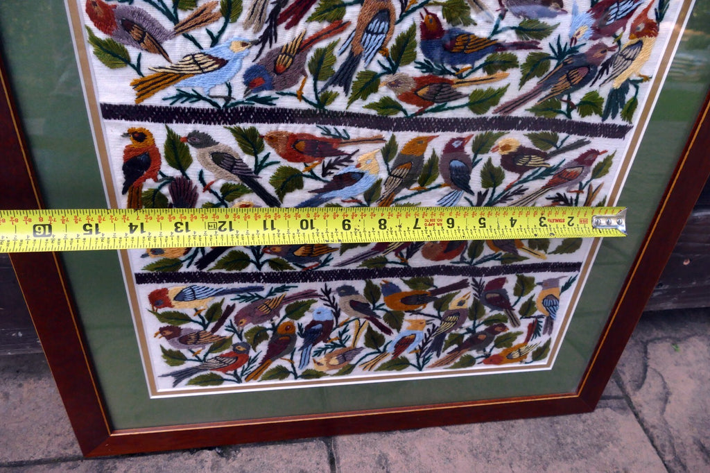 Large Bird Finch Cardinal Cross Stitch Needle Point Folk Art 15X15" Framed