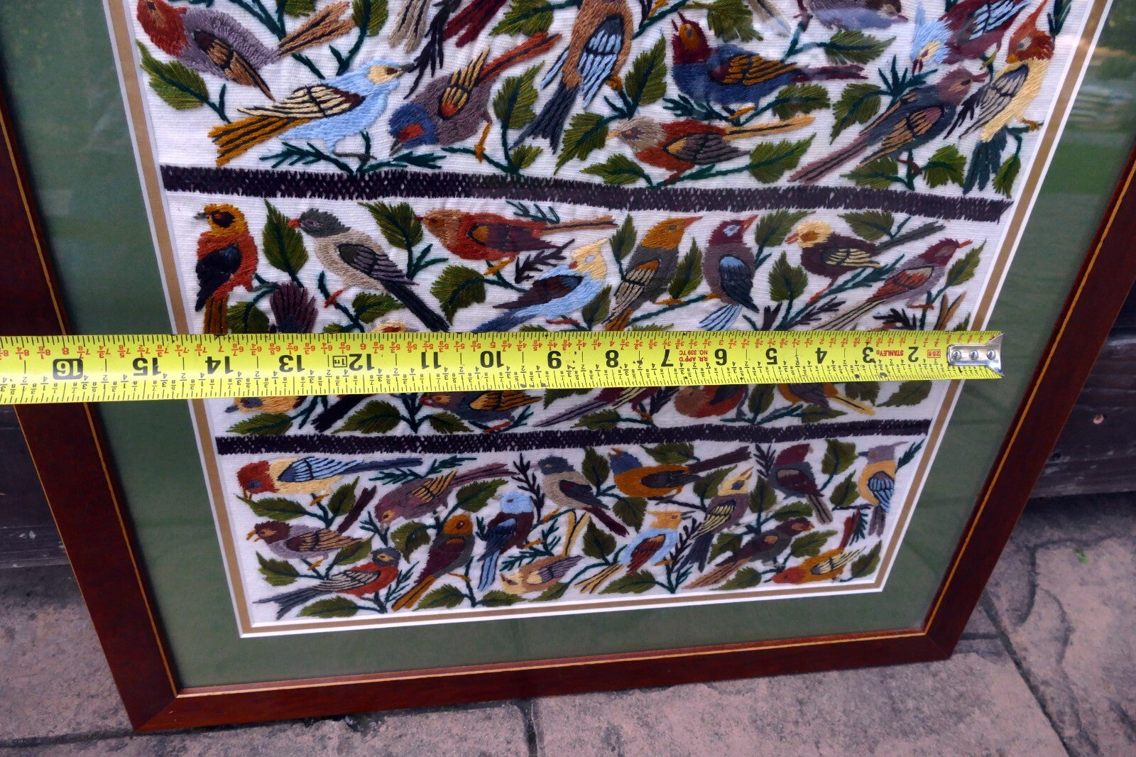 Large Bird Finch Cardinal Cross Stitch Needle Point Folk Art 15X15" Framed