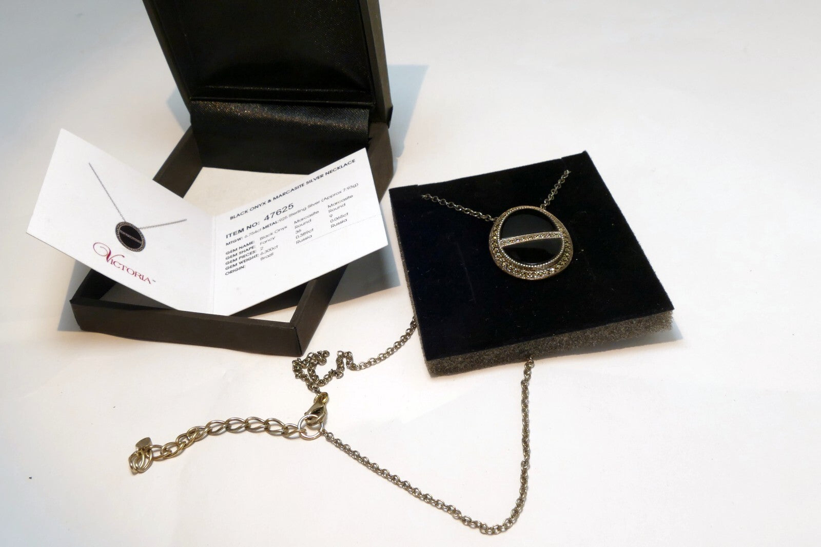 Sterling Silver Black Onyx Oval & Marcasite Pendant Necklace .925 18"