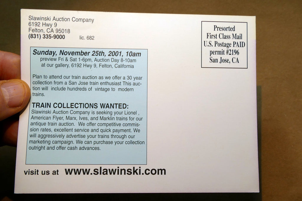 Major Train Auction 2001 Felton Add Postcard, unposted