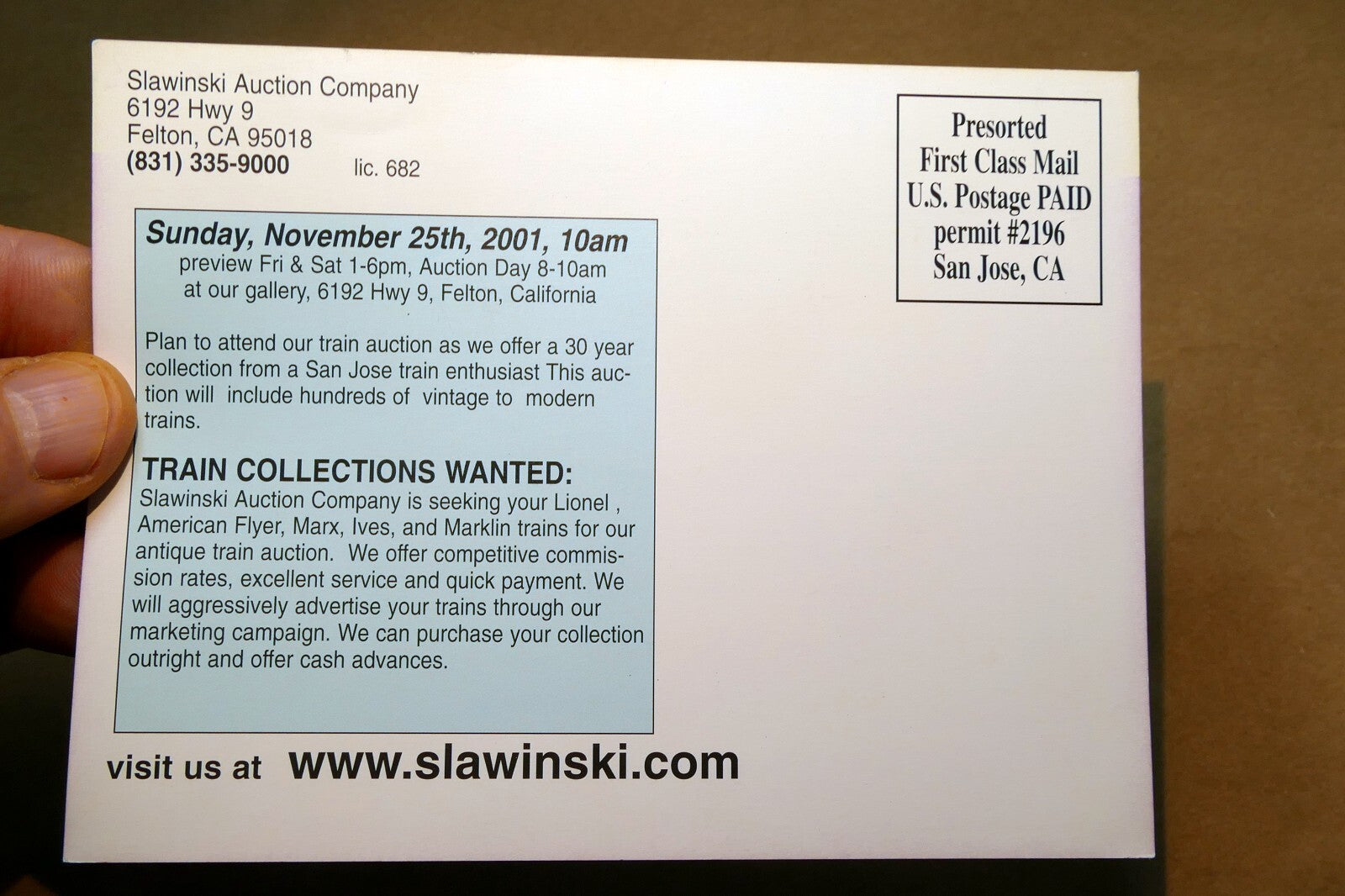 Major Train Auction 2001 Felton Add Postcard, unposted