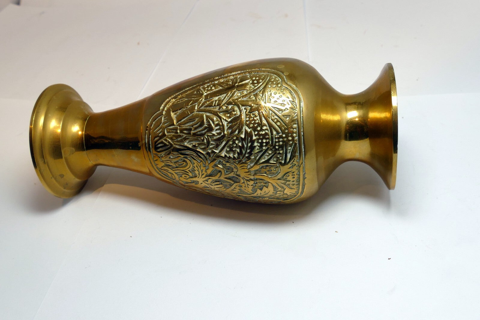 Floral Etched Solid Brass Vase Bulbous Bottom Flared Pedestal Base Vintage  6”