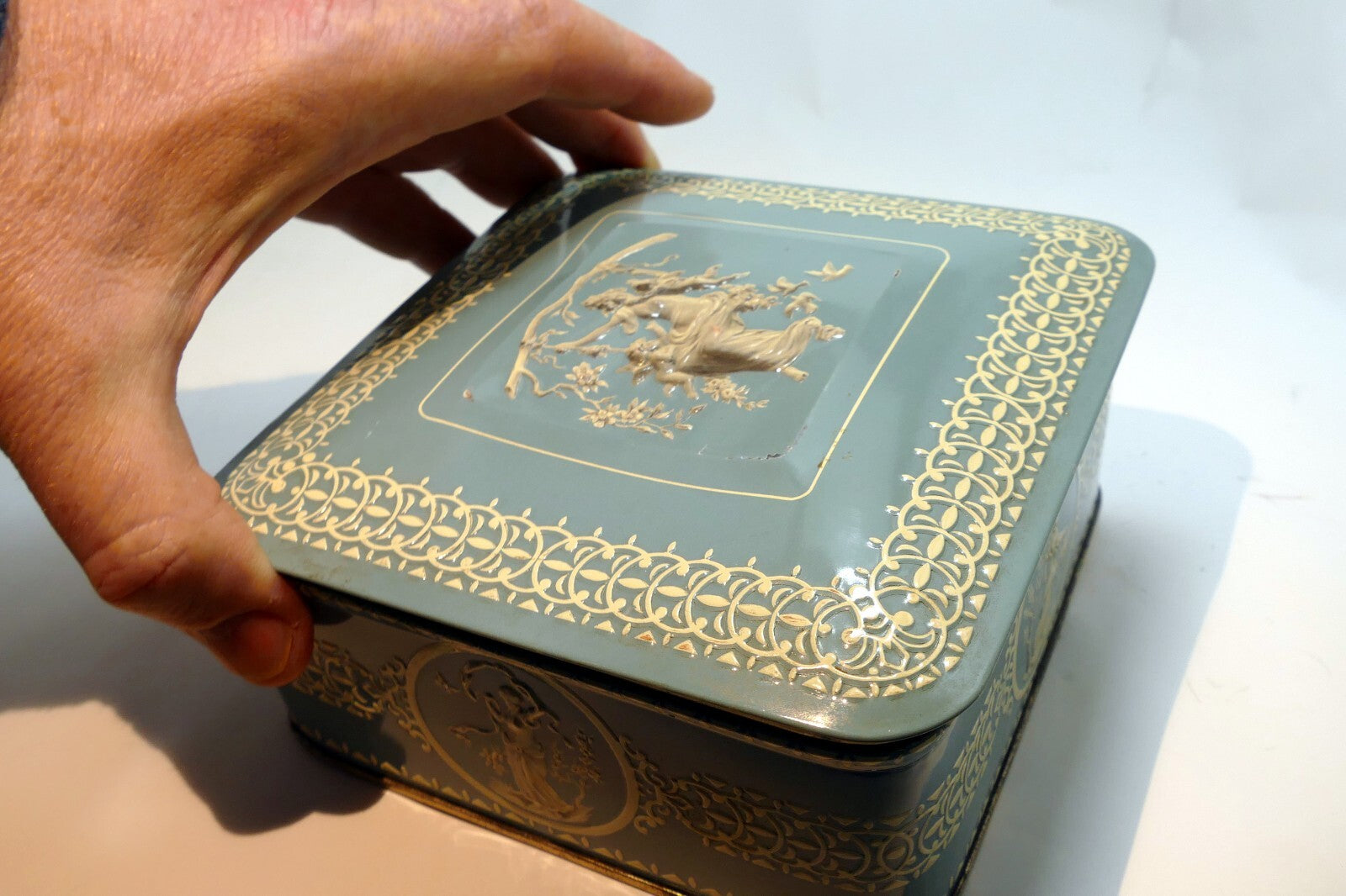 Wedgewood-Style Candy Tin Made in Holland blue teal white  girl with cherubs