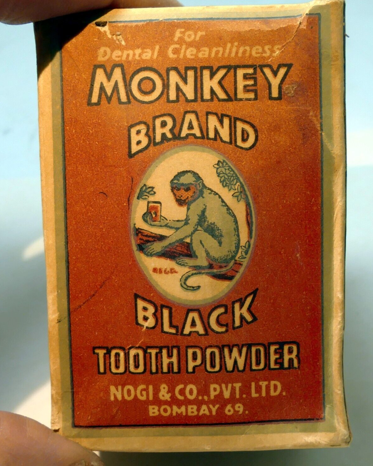 Empty box monkey brand black tooth powder sealed advertising nos bombay 1969