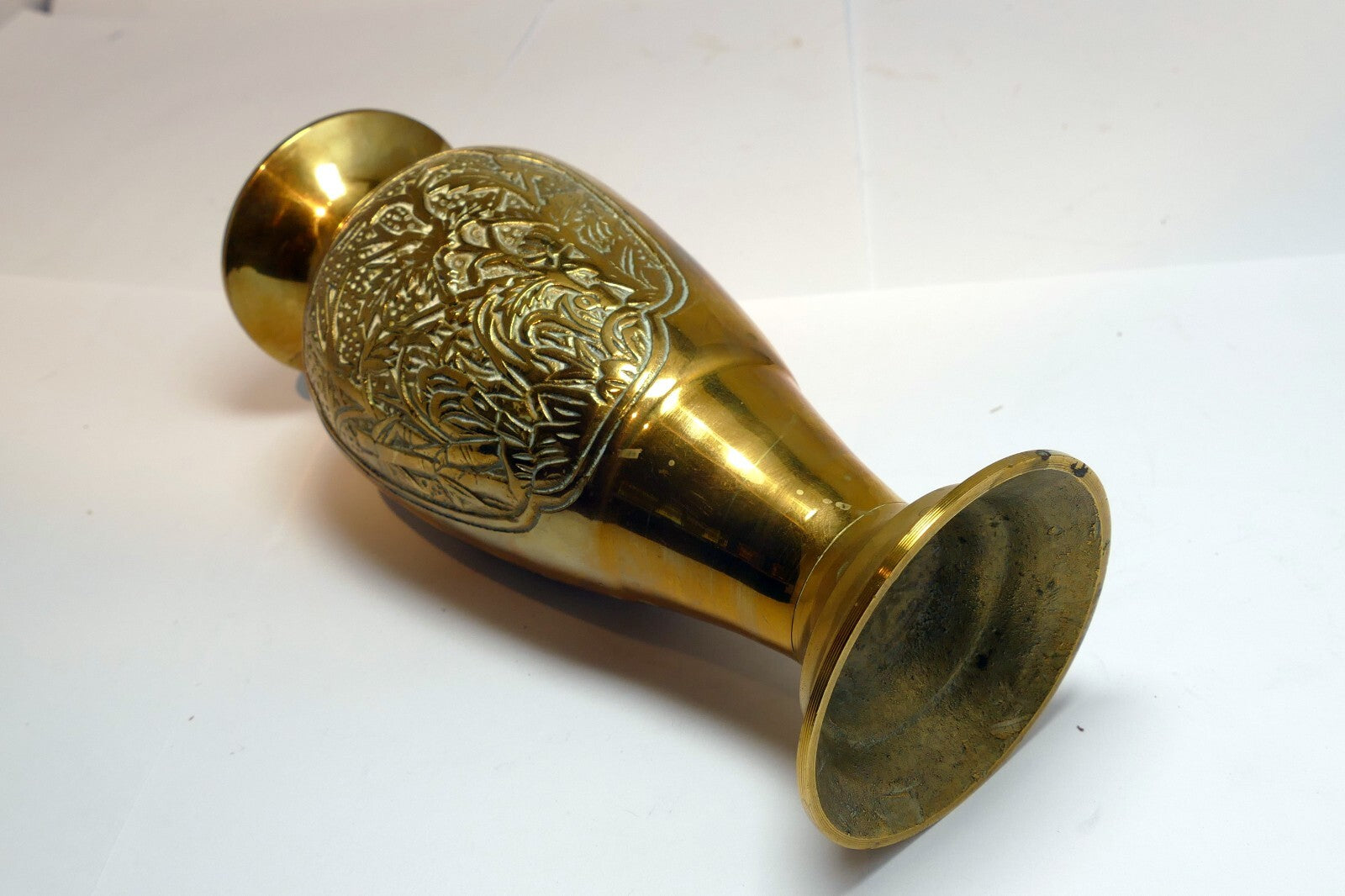 Floral Etched Solid Brass Vase Bulbous Bottom Flared Pedestal Base Vintage  6”