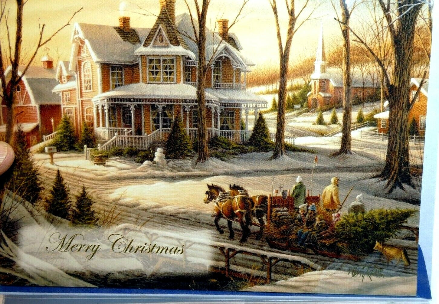 Christmas card season's greeting home snow winter horse sleigh kids tree church