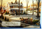 Christmas card season's greeting home snow winter horse sleigh kids tree church