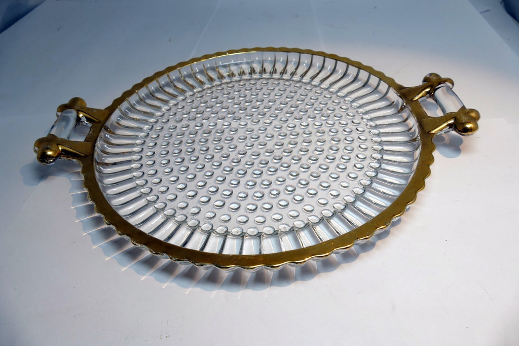 Beveled Glass Candle Holder Plate 8" Round with golden rim two handles