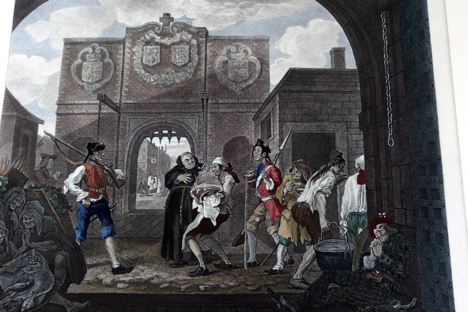 Gate of calais england 1749 print william hogarth antique steel engraving